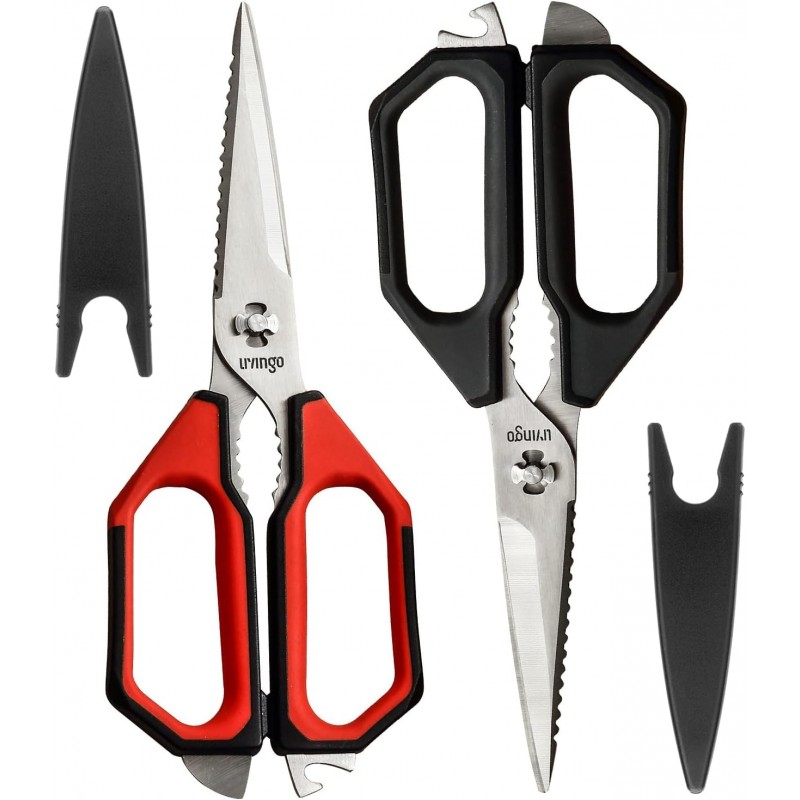 LIVINGO Kitchen Scissors Set All Purpose - Heavy Duty Stainless Steel Come Apart Food Shears for Cutting Meat, Vegetables, Dishwasher safe, 2 Pack, Red Black Multi-Function Handles