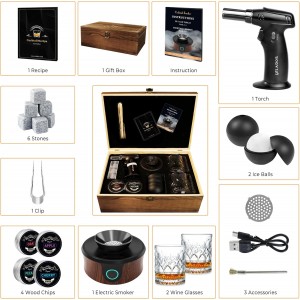Electric Whiskey Smoker Kit, Luxurious Wooden Box, with 4 Wood Chips, Torch, Ice Molds, 2 Glasses, Stones, Old Fashioned Bourbon Cocktail Smoker Infuser Kit, Whiskey Gifts for Men, Husband (No Butane)
