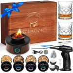 Electric Whiskey Smoker Kit, Luxurious Wooden Box, with 4 Wood Chips, Torch, Ice Molds, 2 Glasses, Stones, Old Fashioned Bourbon Cocktail Smoker Infuser Kit, Whiskey Gifts for Men, Husband (No Butane)
