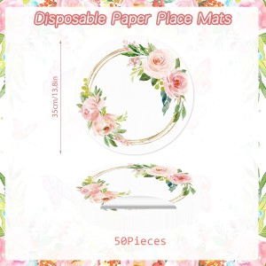 50 Pack Paper Placemats Disposable Pink Floral Wedding Disposable Placemats 13.7 Inch Rose Floral Round Place Mats Spring Summer Table Mats for Birthday Wedding Anniversary Bride Party Supplies