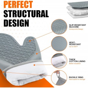 Silicone Oven Mitts, Heat Resistant 2PCS Oven Mitts with Soft Cotton Lining, Waterproof Non-Slip Grip Oven Glove, Kitchen Potholder Mits for BBQ, Baking, Cooking, 12.5 Inch - Grey