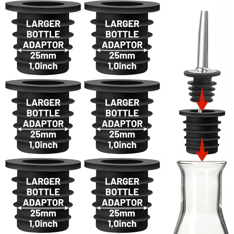 Liquor Pourer Adapters for Large Liquor Bottles and Olive Oil Bottles, Up to 1Inch/25mm Neck Bottle, Converts Regular Size Spout to Large Pouring Spout, 6 Pieces Set