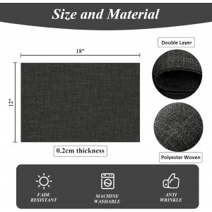 SHACOS Washable Cloth Placemats Set of 4 Cotton Linen Double Layer Thickened Machine Washable Table Mats Non Slip Heat Resistant Fabric Place Mats for Dining Table, Black