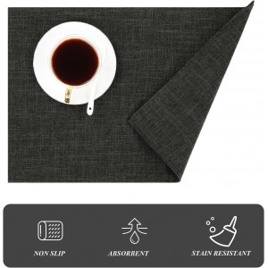 SHACOS Washable Cloth Placemats Set of 4 Cotton Linen Double Layer Thickened Machine Washable Table Mats Non Slip Heat Resistant Fabric Place Mats for Dining Table, Black
