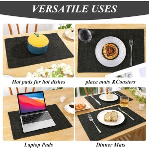 SHACOS Washable Cloth Placemats Set of 4 Cotton Linen Double Layer Thickened Machine Washable Table Mats Non Slip Heat Resistant Fabric Place Mats for Dining Table, Black