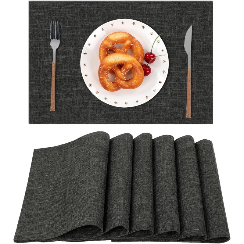 SHACOS Washable Cloth Placemats Set of 4 Cotton Linen Double Layer Thickened Machine Washable Table Mats Non Slip Heat Resistant Fabric Place Mats for Dining Table, Black