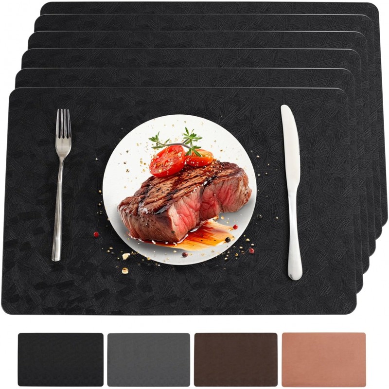 Vinyl Placemats Set of 6 Heat Resistant Easy Clean Non-Slip Place Mats for Dining Table Faux Leather Waterproof Stain Resistant Wipeable Washable PVC Table Mats(6, Black)