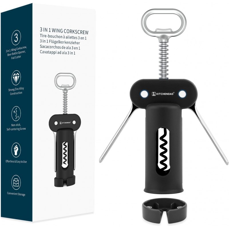 KITCHENDAO 3 in 1 Wing Corkscrew Wine Bottle Opener with Foil Cutter, Built-in Beer Bottle Opener, Multifunctional Wine Opener with Non-Stick Sharp Screw, Easy to Use, Manual Wine Corkscrew, Black
