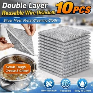 Silver Mesh Dish Cloths (3 Layer) – Non Scratch, Odor Free, Quick Dry Wire Cleaning Pads for Sinks, Dishes, Stove Top | Multipurpose Reusable Metal Scrubbers | 10 Pack