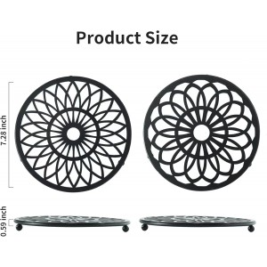 2 Pack Decorative Round Flower Trivets - 7 Inch Iron Pot Pads, Black Elegant Kitchen and Dining Table Protector, Teapot Stands Holders, Metal Plant Holder for Desktop Potted Plant、Small Green Plants