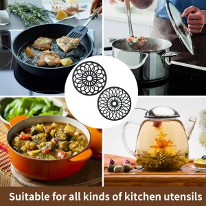 2 Pack Decorative Round Flower Trivets - 7 Inch Iron Pot Pads, Black Elegant Kitchen and Dining Table Protector, Teapot Stands Holders, Metal Plant Holder for Desktop Potted Plant、Small Green Plants