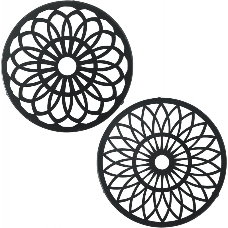 2 Pack Decorative Round Flower Trivets - 7 Inch Iron Pot Pads, Black Elegant Kitchen and Dining Table Protector, Teapot Stands Holders, Metal Plant Holder for Desktop Potted Plant、Small Green Plants