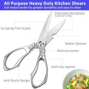 All Purpose Heavy Duty Shears, 2-Pack Kitchen Scissors for Food, Metal Handle Stainless Steel Cooking Scissors for Kitchen, Chicken, Fish, Meat, Poultry, Herbs (Silver)