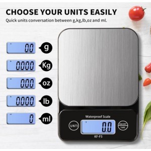 IPX7 Waterproof Food Scale, 5kg/11lb/0.5g High Precision Digital Kitchen Weight Grams and Oz, Ounces and Grams for Cooking Baking Weight Loss, Wide Viewing Angle LCD, Stainless Steel