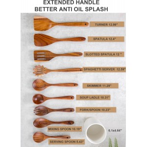 Nucookery Wooden Cooking Utensils Set with Holder, Nonstick Wooden Spoons for Cooking Spatula Set 10 Pcs, Teak Wood Kitchen Utensils Set, Ceramic Utensils Holder for Countertop, White