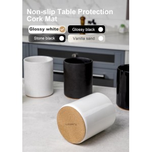 Nucookery Wooden Cooking Utensils Set with Holder, Nonstick Wooden Spoons for Cooking Spatula Set 10 Pcs, Teak Wood Kitchen Utensils Set, Ceramic Utensils Holder for Countertop, White