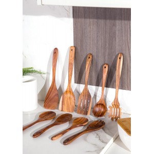 Nucookery Wooden Cooking Utensils Set with Holder, Nonstick Wooden Spoons for Cooking Spatula Set 10 Pcs, Teak Wood Kitchen Utensils Set, Ceramic Utensils Holder for Countertop, White