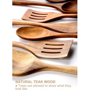 Nucookery Wooden Cooking Utensils Set with Holder, Nonstick Wooden Spoons for Cooking Spatula Set 10 Pcs, Teak Wood Kitchen Utensils Set, Ceramic Utensils Holder for Countertop, White