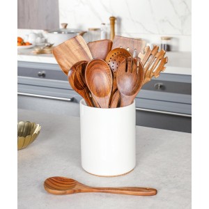 Nucookery Wooden Cooking Utensils Set with Holder, Nonstick Wooden Spoons for Cooking Spatula Set 10 Pcs, Teak Wood Kitchen Utensils Set, Ceramic Utensils Holder for Countertop, White