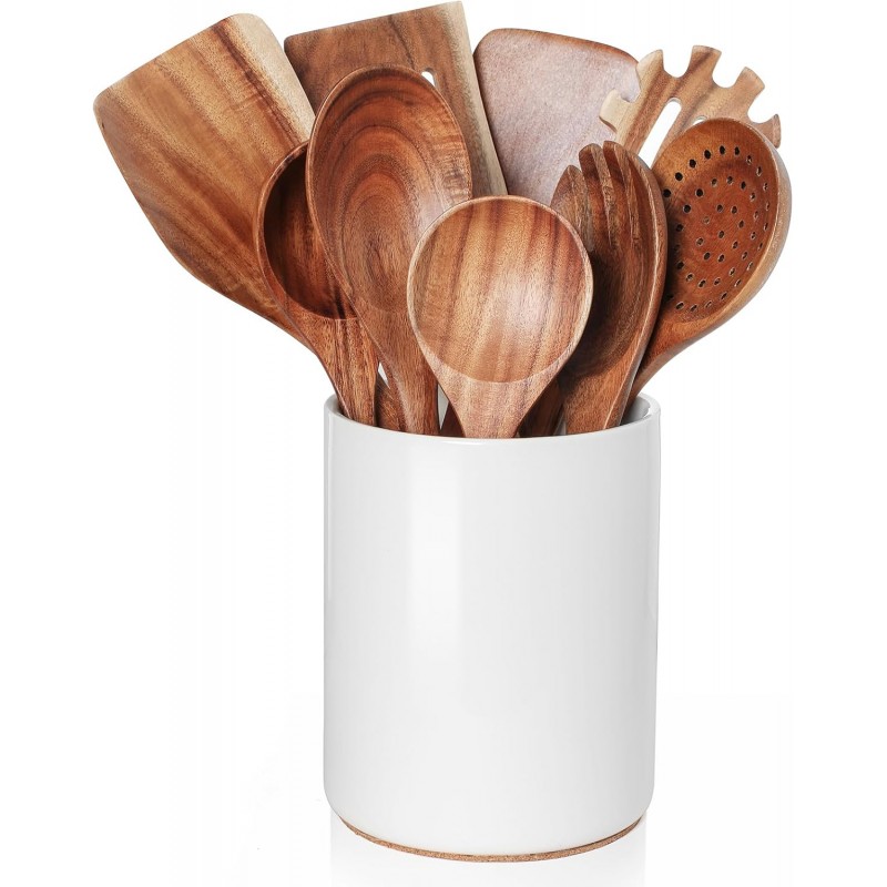 Nucookery Wooden Cooking Utensils Set with Holder, Nonstick Wooden Spoons for Cooking Spatula Set 10 Pcs, Teak Wood Kitchen Utensils Set, Ceramic Utensils Holder for Countertop, White