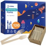 CORAL Light Brown 100% Compostable Forks - 120 Heavy Duty Forks (7.0 inch) - Break Resistant with Smooth Edges, Ocean Friendly Alternative to Plastic Silverware - Biodegradable & Disposable Forks