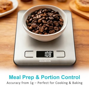 Digital Kitchen Scale–11lb/5kg Food Scale for Cooking & Baking, Stainless Steel, LCD Display, Tare Function, Multiple Units (g/oz/ml), Lightweight Design for Meal Prep Coffee (Batteries Included)