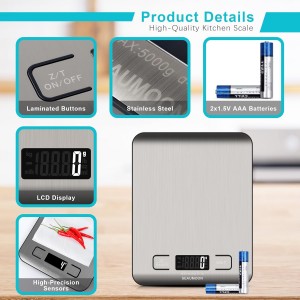 Digital Kitchen Scale–11lb/5kg Food Scale for Cooking & Baking, Stainless Steel, LCD Display, Tare Function, Multiple Units (g/oz/ml), Lightweight Design for Meal Prep Coffee (Batteries Included)