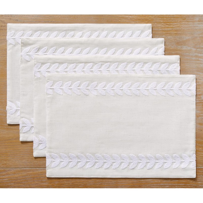 Wracra Embroidered Placemats, 13 x 18 Inch Set of 4 Placemats, Irregular Willow Rustic Place Mats for Kitchen Table and Heat Resistant, White 4PCS