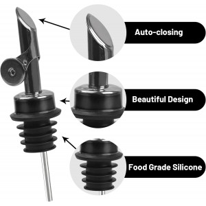 Liquor Pour Spout for Bottles, Hygienic Quick Bottle Pourer with 2 Adapters for Large Neck Bottles, Auto-Open/Close, for Alcohol, Olive Oil, Juices and Syrups, Black, 2 Pack