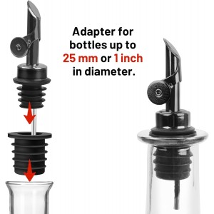 Liquor Pour Spout for Bottles, Hygienic Quick Bottle Pourer with 2 Adapters for Large Neck Bottles, Auto-Open/Close, for Alcohol, Olive Oil, Juices and Syrups, Black, 2 Pack