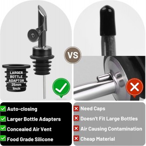 Liquor Pour Spout for Bottles, Hygienic Quick Bottle Pourer with 2 Adapters for Large Neck Bottles, Auto-Open/Close, for Alcohol, Olive Oil, Juices and Syrups, Black, 2 Pack