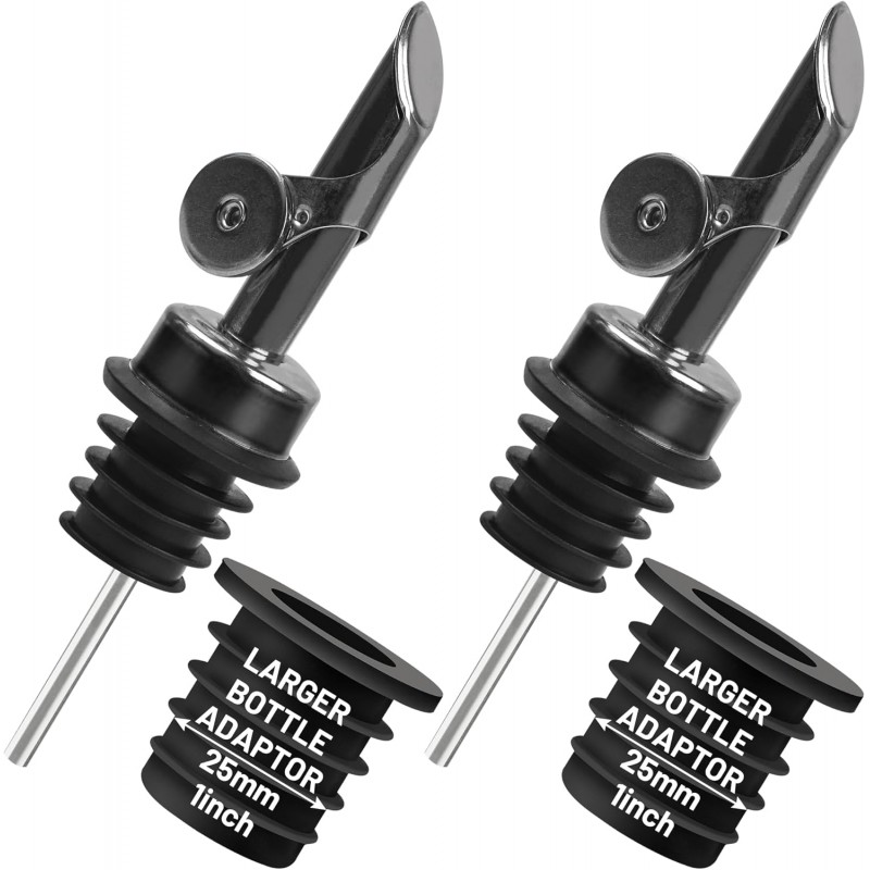 Liquor Pour Spout for Bottles, Hygienic Quick Bottle Pourer with 2 Adapters for Large Neck Bottles, Auto-Open/Close, for Alcohol, Olive Oil, Juices and Syrups, Black, 2 Pack