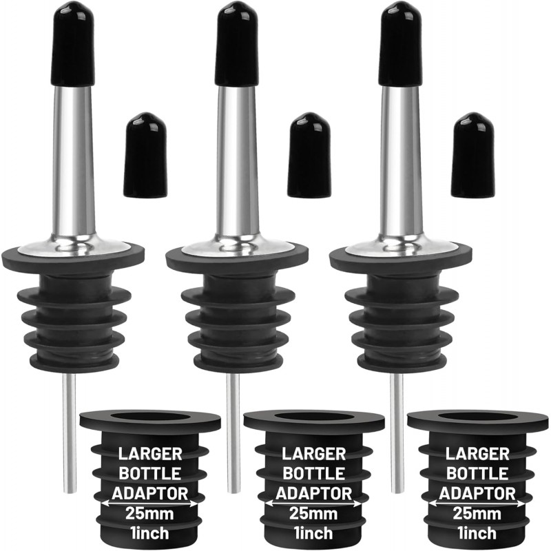 3 Pack Stainless Steel Liquor Pour Spouts, Classic Bottle Pourers with 6 Caps, 3 Adapters for Large Neck Bottles, Also for Olive Oil, Juices and Syrups