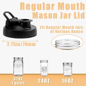Pour Spout Lids for Ball Regular Mouth Mason Jars, Airtight Canning Jar Flip Cap Top Lid for Drinking, Salad, Dressing Pouring, Leak-Proof, Black Pack of 4