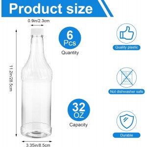 6 Pcs 32oz Plastic Long Neck Bottles with 6 Pcs Pourer and Caps,1000ml Plastic Juice Pour Bottles with Stainless Steel Bottle Pourer,Clear Empty Syrup Liquor Bottle with Tapered Spout for Bar