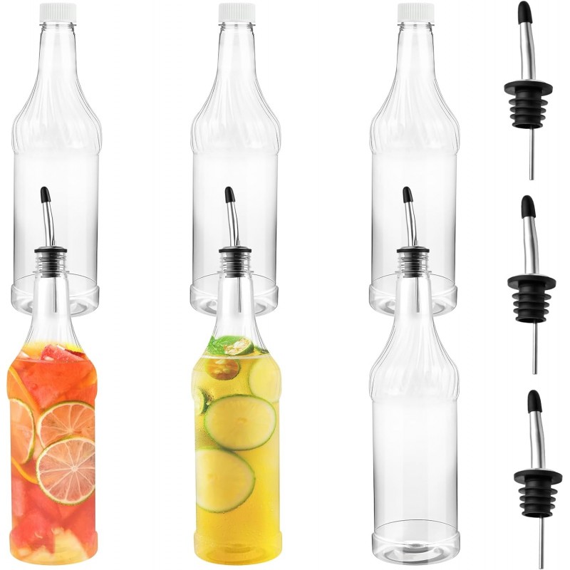 6 Pcs 32oz Plastic Long Neck Bottles with 6 Pcs Pourer and Caps,1000ml Plastic Juice Pour Bottles with Stainless Steel Bottle Pourer,Clear Empty Syrup Liquor Bottle with Tapered Spout for Bar
