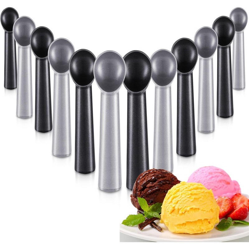 Gejoy 12 Pcs Ice Cream Scoop 7 Inch Nonstick Anti Freeze Ice Cream Scooper Aluminum Design Dessert Spoon for Gelatos Frozen Yogurt Fruit Sundaes Sorbet Almond Cookie Dough (Black and Silver)