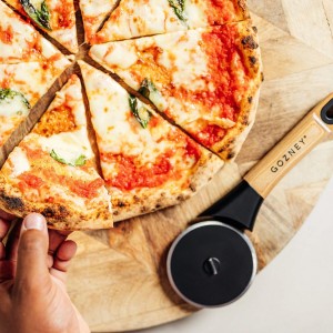 Gozney Pizza Cutter with a High Carbon Stainless Steel Blade that is Corrossion Resistant, Blade Lock, 2x Sharpened Edge and Solid Wood Handle