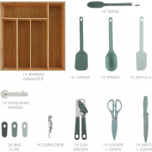 COOK WITH COLOR Bamboo Kitchen Utensil Set with Drawer Organizer | Cooking Tools and Storage Caddy, Sage, 18 Piece Gadget Set