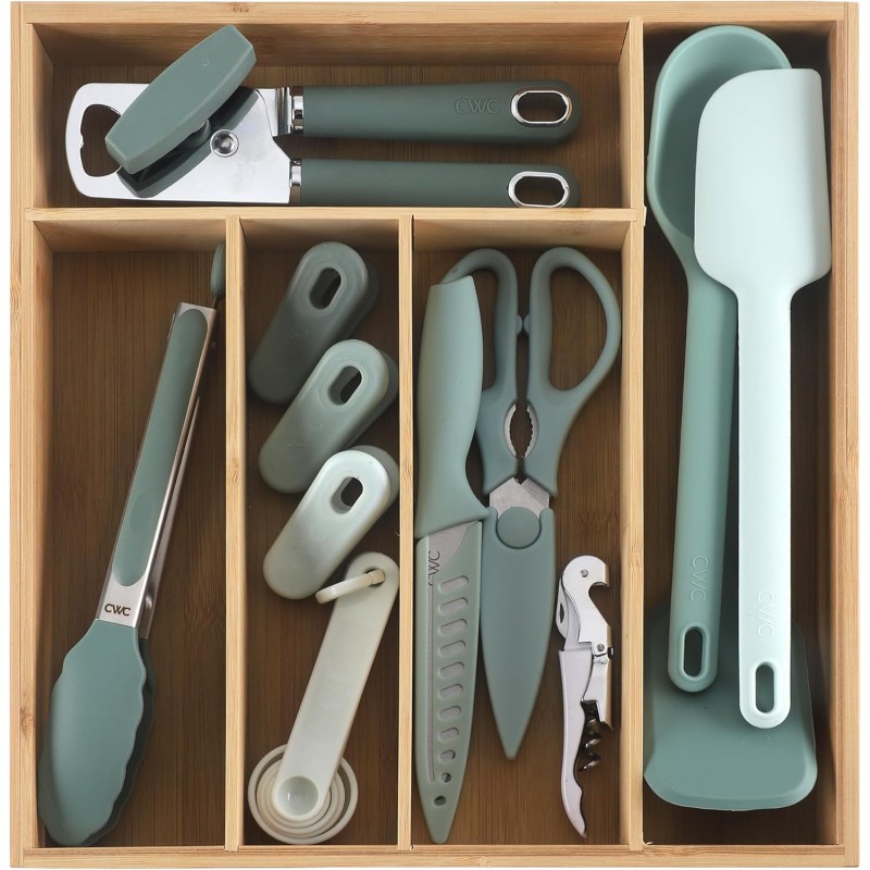COOK WITH COLOR Bamboo Kitchen Utensil Set with Drawer Organizer | Cooking Tools and Storage Caddy, Sage, 18 Piece Gadget Set