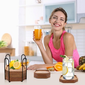 Cute Rustic Farmhouse Wooden Cup Coaster Set of 6 Cool Bar Drink Coasters with Holder Acacia Wood Coasters for Coffee Table Desk Decorative Outdoor Modern Coaster Home Decor Beverage Accessories Gift