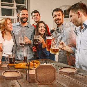 Cute Rustic Farmhouse Wooden Cup Coaster Set of 6 Cool Bar Drink Coasters with Holder Acacia Wood Coasters for Coffee Table Desk Decorative Outdoor Modern Coaster Home Decor Beverage Accessories Gift