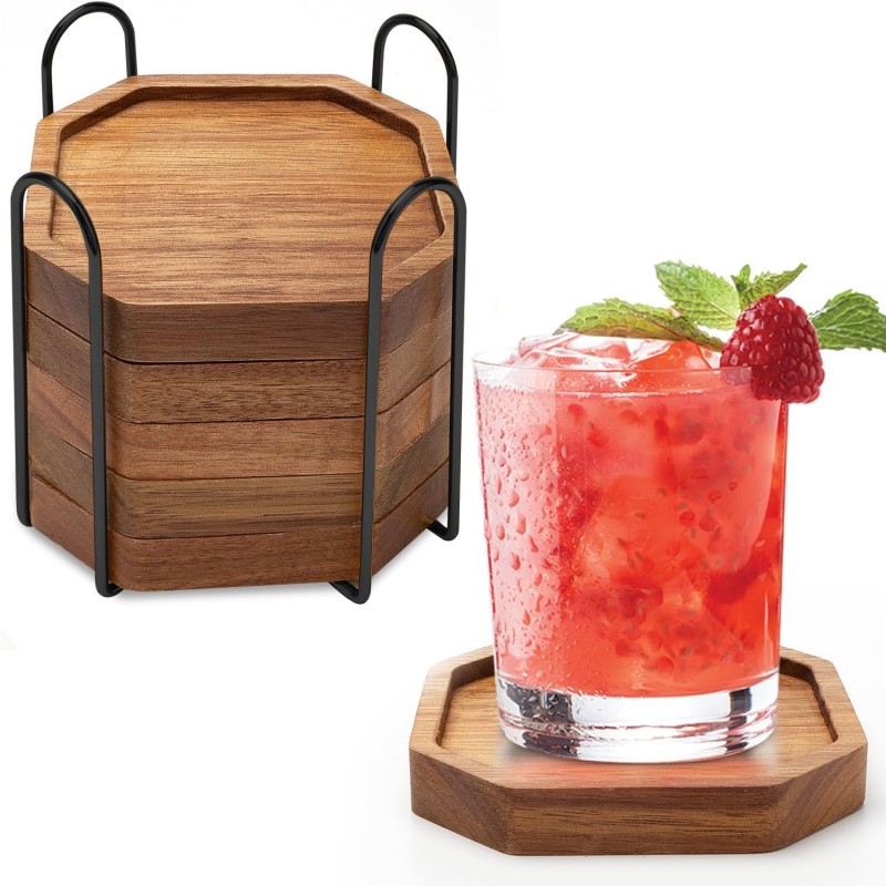 Cute Rustic Farmhouse Wooden Cup Coaster Set of 6 Cool Bar Drink Coasters with Holder Acacia Wood Coasters for Coffee Table Desk Decorative Outdoor Modern Coaster Home Decor Beverage Accessories Gift