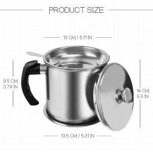 Bacon Grease Container With Strainer,1.3L(46 fl. oz.) Kitchen Stainless Steel Oil Container Can with Strainer and Anti-slip coaster tray for Store Meat Frying Oil and Cooking Grease Storage