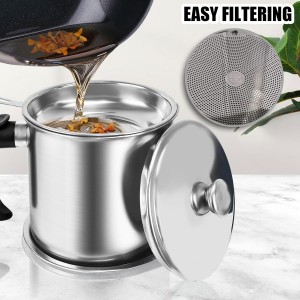 Bacon Grease Container With Strainer,1.3L(46 fl. oz.) Kitchen Stainless Steel Oil Container Can with Strainer and Anti-slip coaster tray for Store Meat Frying Oil and Cooking Grease Storage