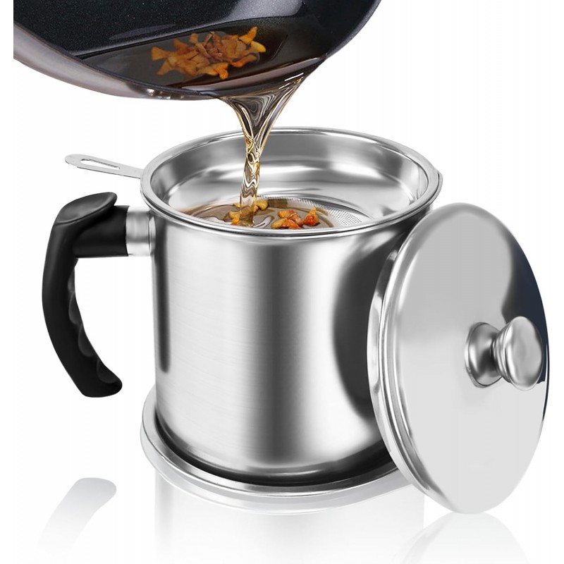 Bacon Grease Container With Strainer,1.3L(46 fl. oz.) Kitchen Stainless Steel Oil Container Can with Strainer and Anti-slip coaster tray for Store Meat Frying Oil and Cooking Grease Storage