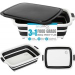 Collapsible Large BBQ Prep Tub w/Cutting Board, Multi-Function Grill Caddy w/Colander & Lid, Portable Silicone Dish Bowl for Picnic, Tailgate, Camping - Black