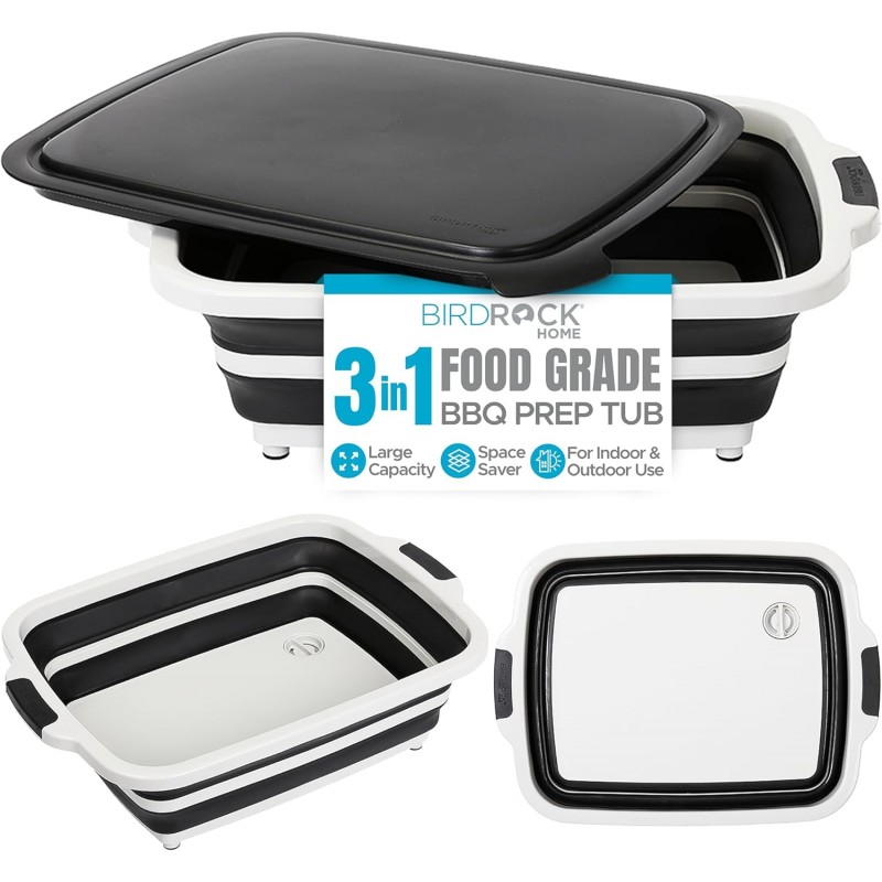 Collapsible Large BBQ Prep Tub w/Cutting Board, Multi-Function Grill Caddy w/Colander & Lid, Portable Silicone Dish Bowl for Picnic, Tailgate, Camping - Black