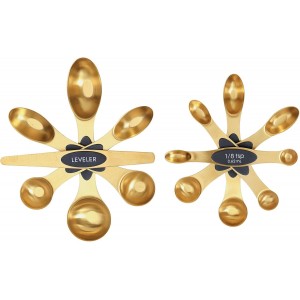 Magnetic Measuring Spoons Set, Stainless Steel, Dual Sided, Stackable, Dual Sided for Measuring Dry and Liquid Ingredients, Fits in Spice Jars, Set of 8（Gold ）