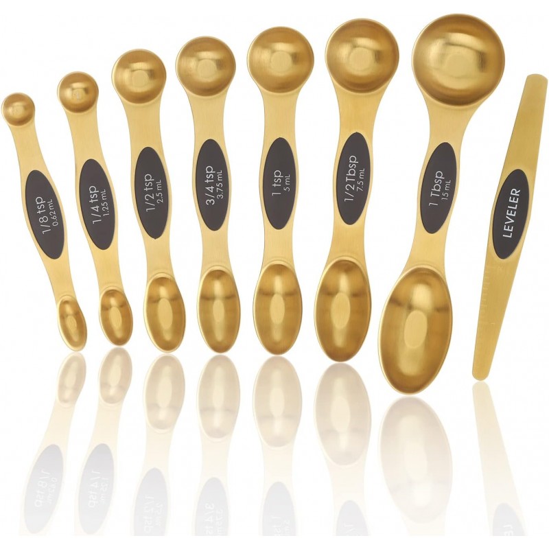 Magnetic Measuring Spoons Set, Stainless Steel, Dual Sided, Stackable, Dual Sided for Measuring Dry and Liquid Ingredients, Fits in Spice Jars, Set of 8（Gold ）